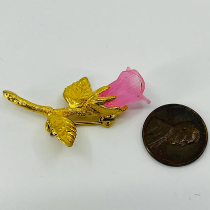 Vintage MCM Acrylic Pink Rose Brooch Gold Tone SA6