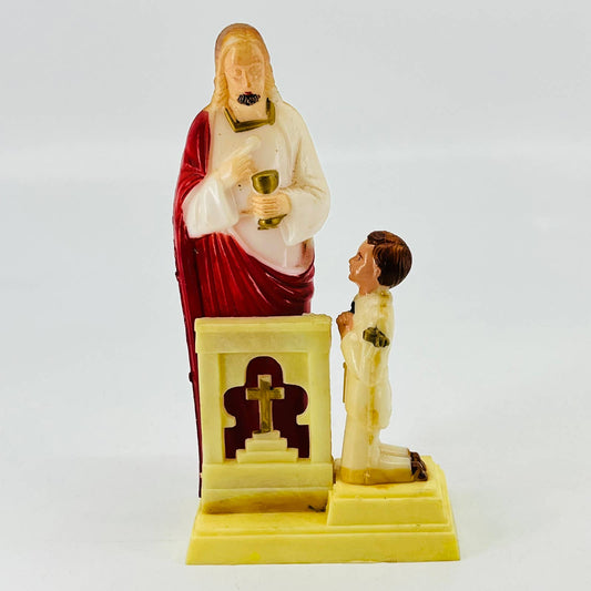 Vintage MCM Celluloid Confirmation Cake Topper Jesus and Praying Child 5” SA9