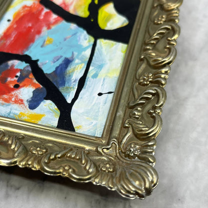 Original Framed Abstract Art Painting 4x5" Mini in Vintage Brass Frame w COA TJ4