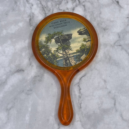 Vintage Celluloid Hand Mirror Souvenir Stand Rock Wisconsin Dells WI 4” TE3