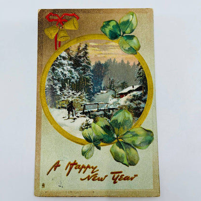 1910s Christmas New Year’s Post Card Raphael Tuck Winter River Bell Embossed PA3