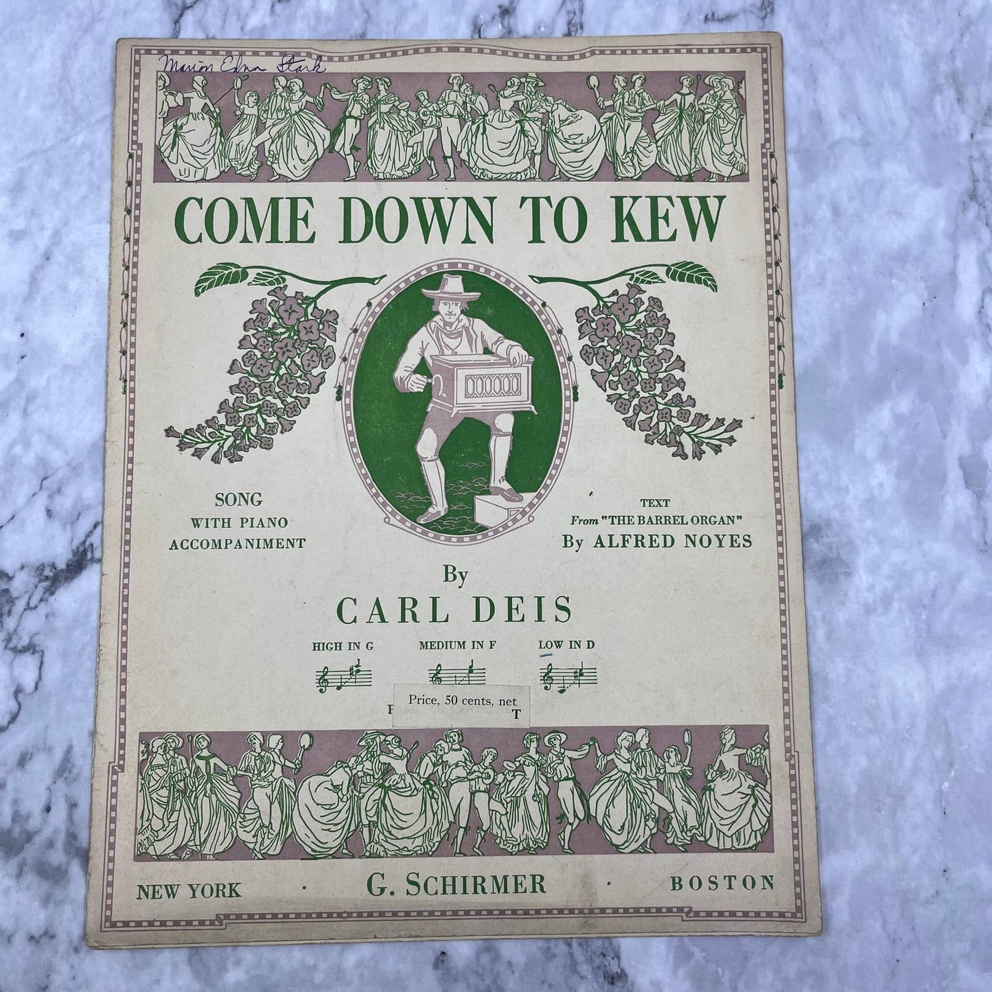 1916 Sheet Music Come Down to Kew - for Voice and Piano Carl Deis TH1