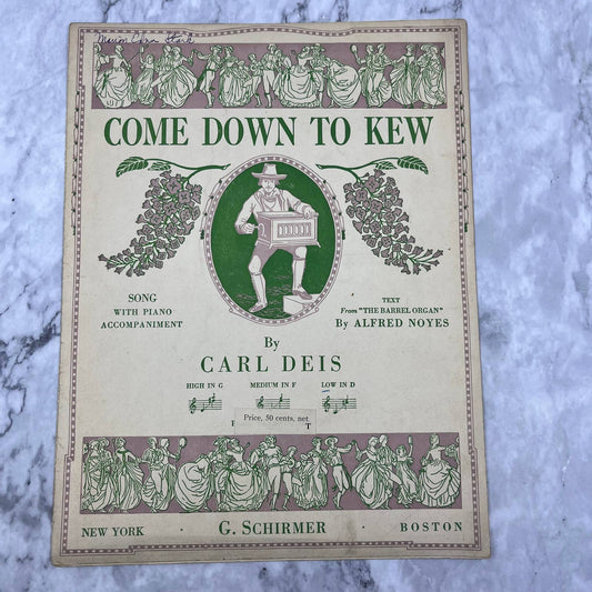 1916 Sheet Music Come Down to Kew - for Voice and Piano Carl Deis TH1