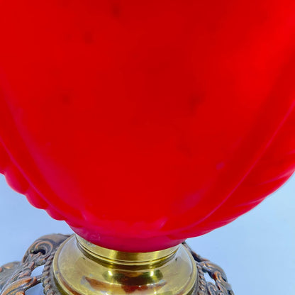 Antique Red Satin Glass and Brass Gone With the Wind Lamp Base LB2