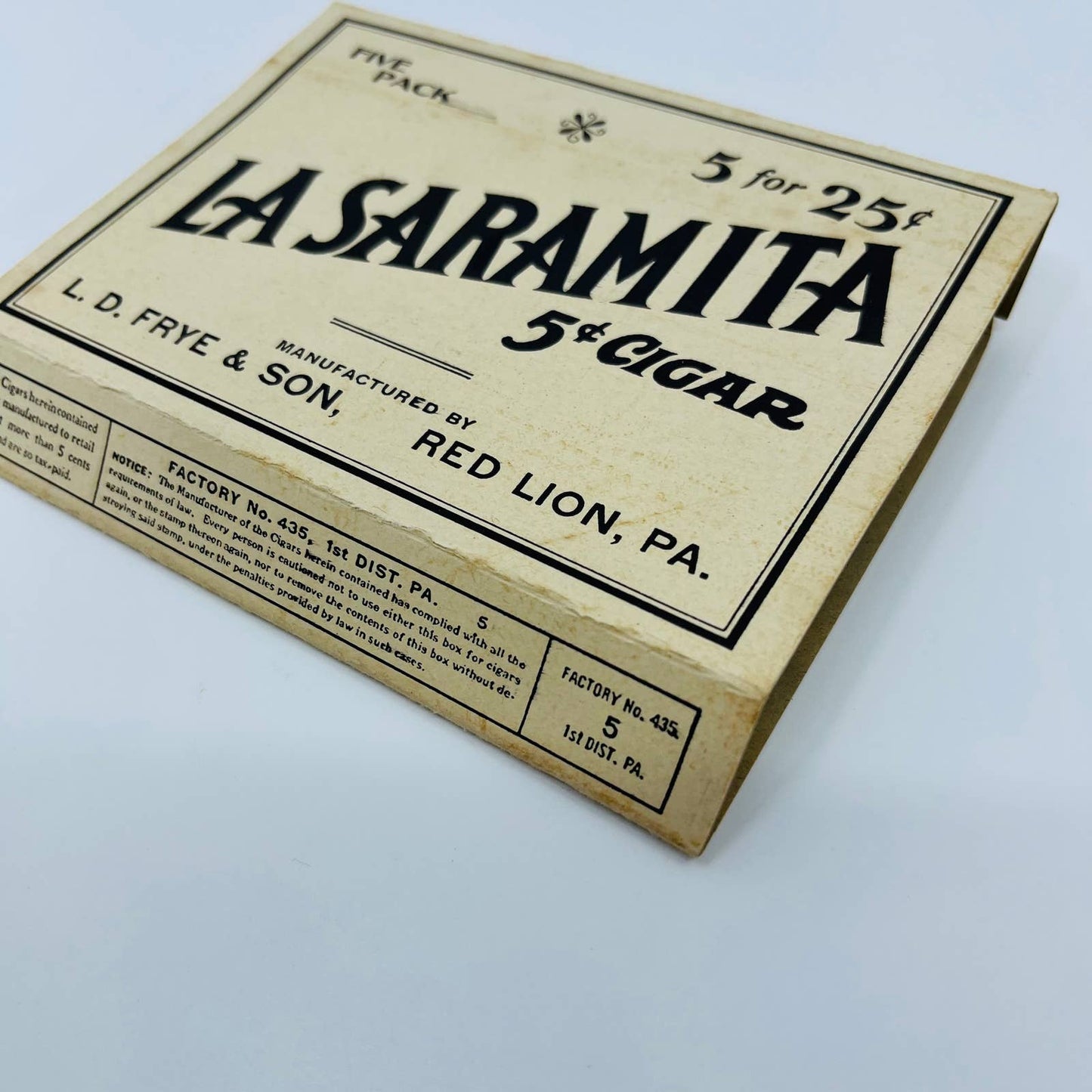La Saramita Five Pack Cardboard Cigar Package Frye & Son Red Lion PA SC1