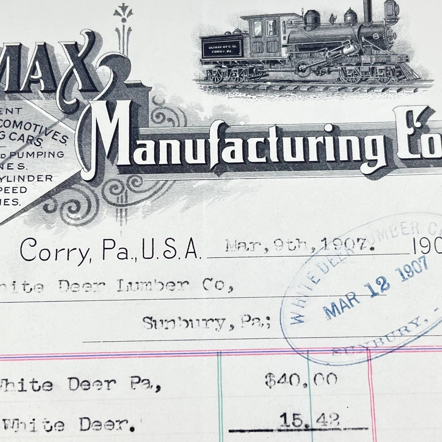 1907 Climax Manufacturing Co. Trainway Locomotive Letterhead Corry PA AB2