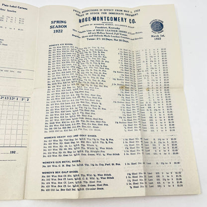 1922 Hoge-Montgomery Co. Leather Shoes Price List & Order Form Frankfurt KY AA8