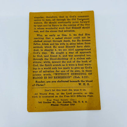 VTG Christian Tract “The Sheltering Blood” Free Tract Society Los Angeles CA C1