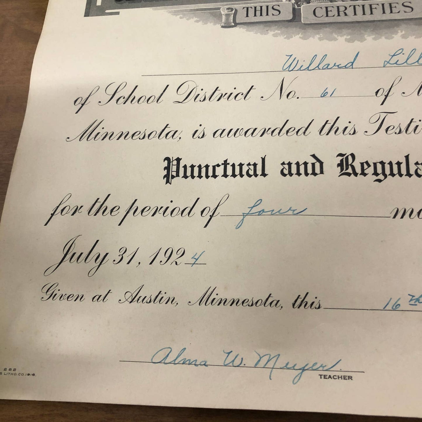 1924 Punctual Regular Attendance Certificate Award Willard Lillie Austin MN RU1