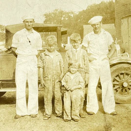 1920s Photograph Navy Sailors and Young Boys Pose in front of Automobile SC5