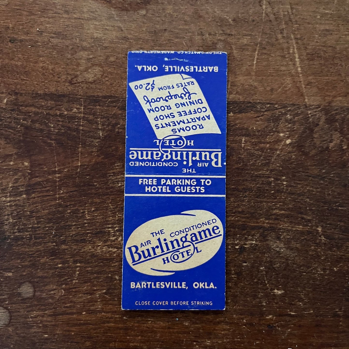 The Burlingame Hotel Bartlesville OK Advertising Matchbook Cover SB3-M2