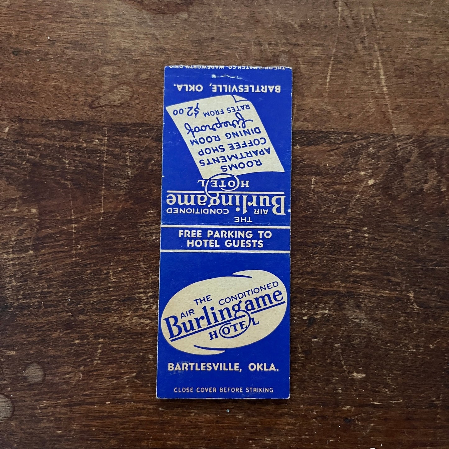 The Burlingame Hotel Bartlesville OK Advertising Matchbook Cover MM11-6