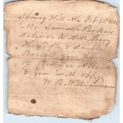 1865 Handwritten Credit Agreement Asa Peavy Samuel Parker Spring Hill AL AD6