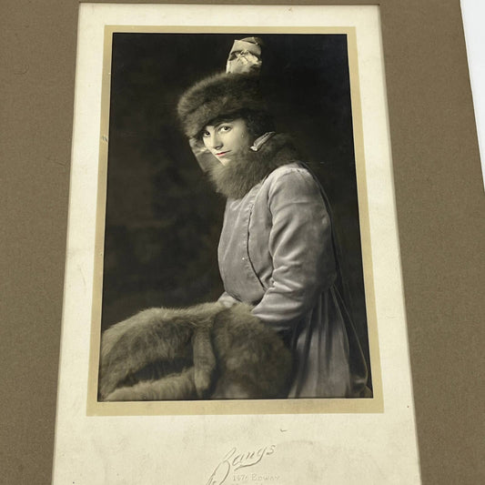 c1915 Hand Tinted Photo Woman in Fur Hat & Muff Bangs Studio NY 10X14 FL4