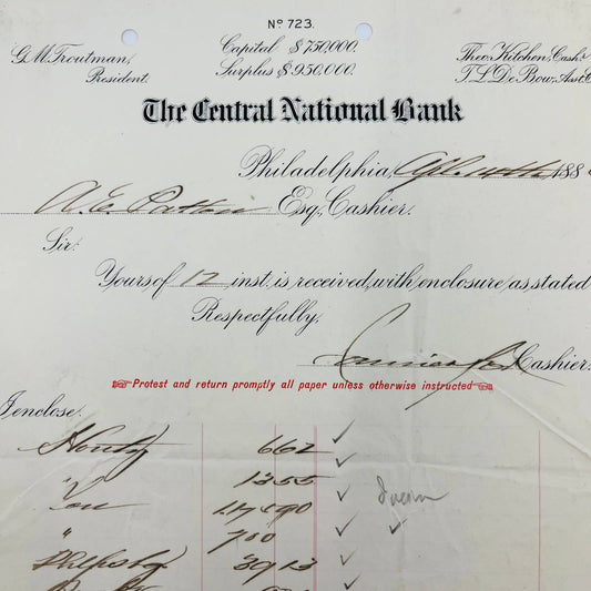 1886 The Central National Bank Philadelphia PA Billhead Letterhead Receipt AA4