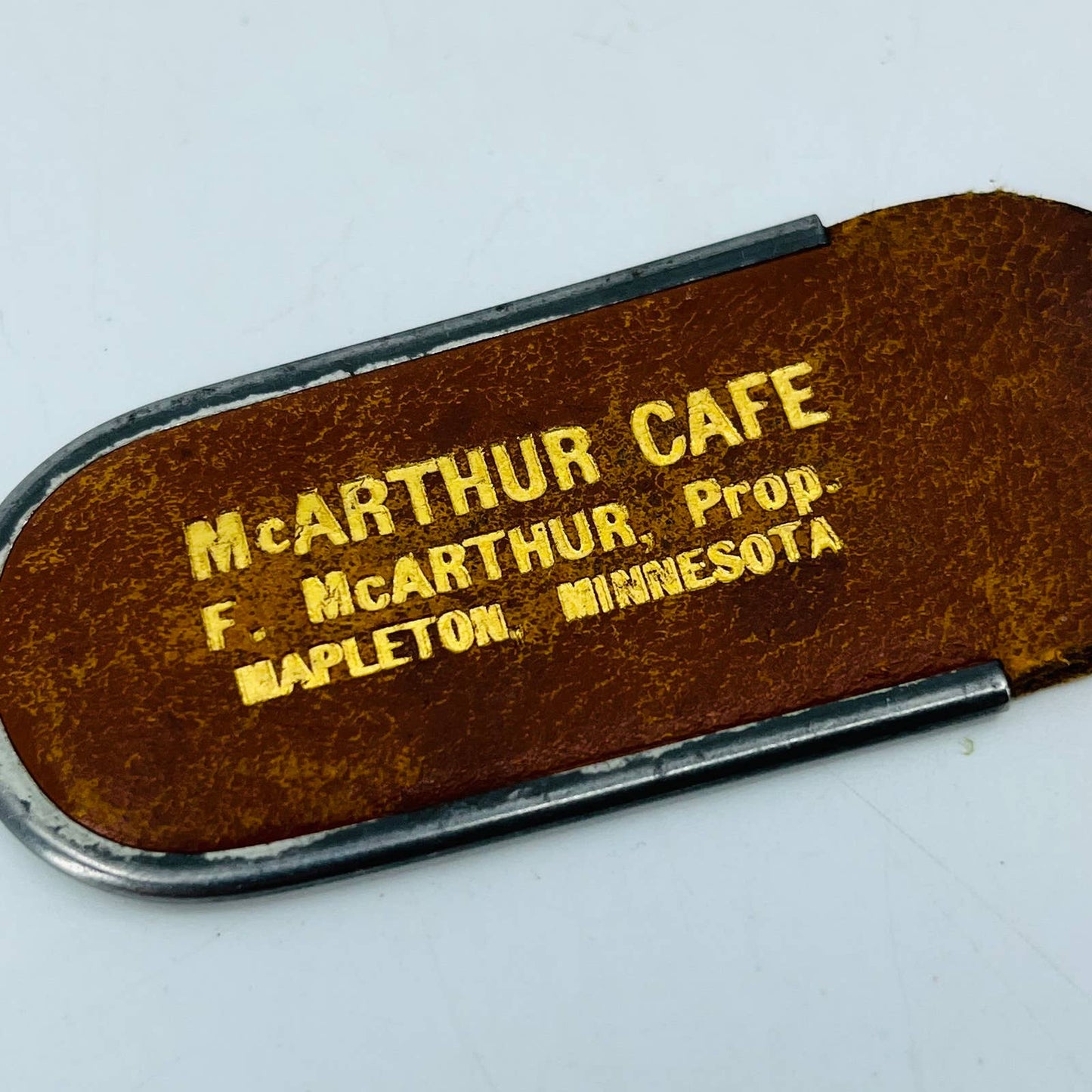 1940s Leather and Metal Advertising Key Holder McArthur Cafe Mapleton MN SB1