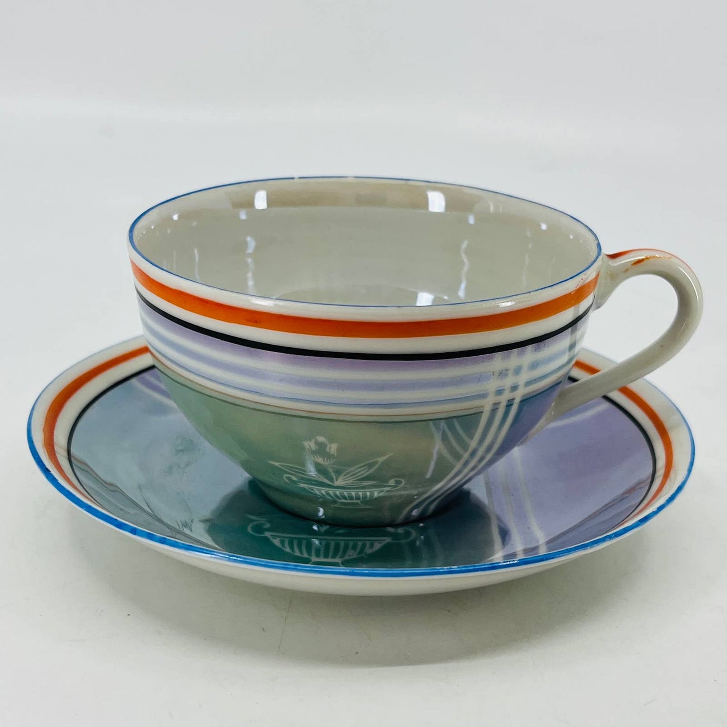 Vtg RARE Japanese Iridescent Opal Lusterware Blue Stripe Cup and Saucer Set TC6