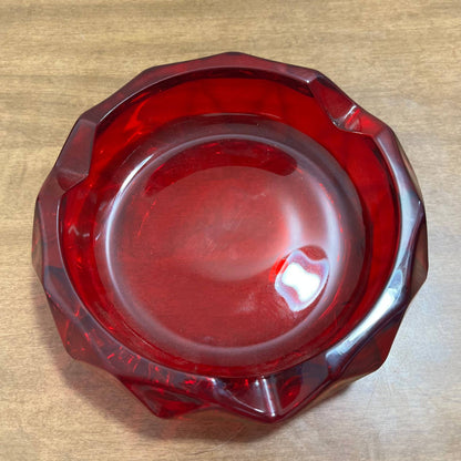 1967 MCM Ruby Red Diamond Cut Viking Art Glass Cigar Tray 6” Ashtray TB2