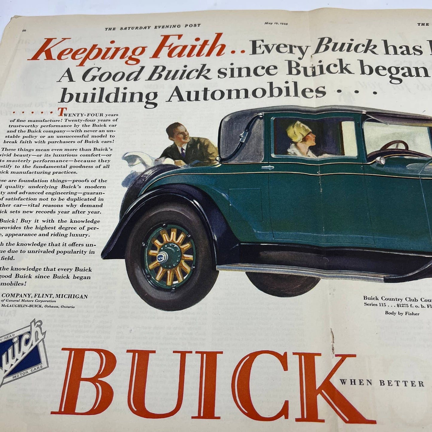 1928 Saturday Evening Post Centerfold Color Buick Automobile Ad FL4