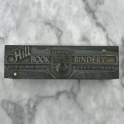 Vintage Letterpress Printers Block Plate Hill Book Bindery Austin Texas TJ53