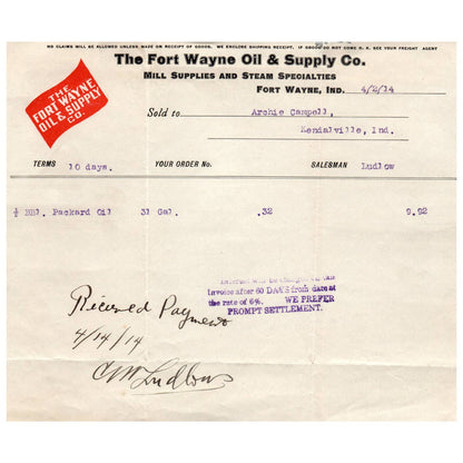 1914 The Fort Wayne Oil and Supply Co C.M. Ludlow Letterhead Indiana AD8