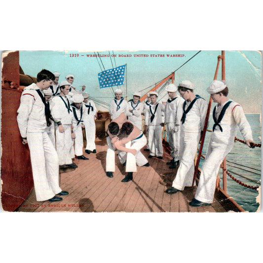 Navy Sailors Wrestling Aboard US Warship 1908 - Original Postcard TJ7-RP3