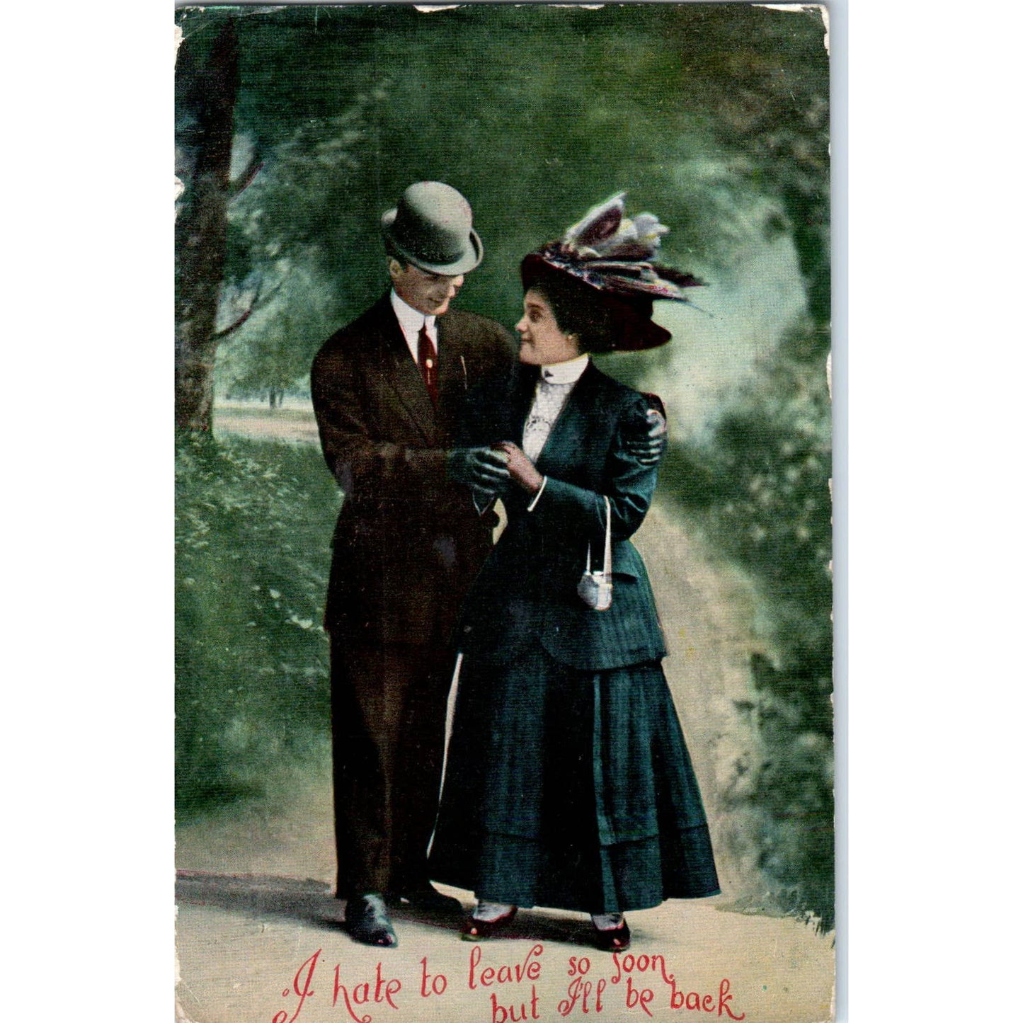 Victorian Romance Couple Wearing Hats c1910 Original Postcard TK1-21