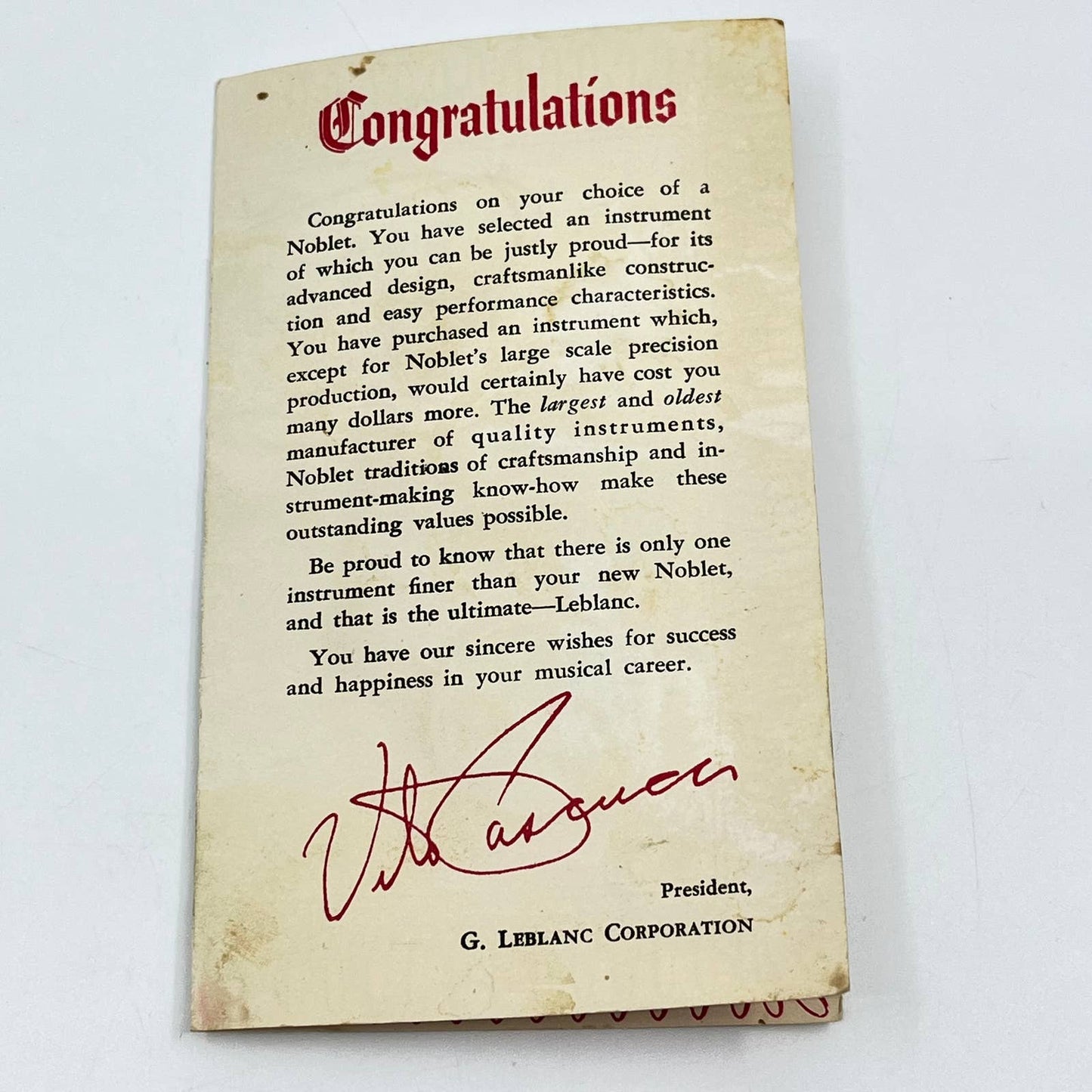 1950s LeBlanc Corporation Noblet Musical Instrument Warranty Card Kenosha WI AB2
