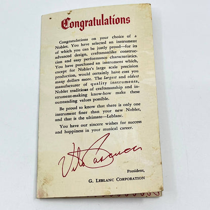 1950s LeBlanc Corporation Noblet Musical Instrument Warranty Card Kenosha WI AB2