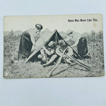 c1918 Postcard WWI US Troops in Tent w/ Rifles & Young Ladies Humor PA9