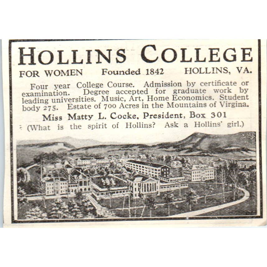 c1920 Harper's Magazine Ad - Hollins College for Women Matty L. Cocke VA EA3