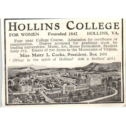 c1920 Harper's Magazine Ad - Hollins College for Women Matty L. Cocke VA EA3