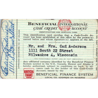 1959 Beneficial Finance System Cash Credit Account Card Milwaukee Obsolete SE5