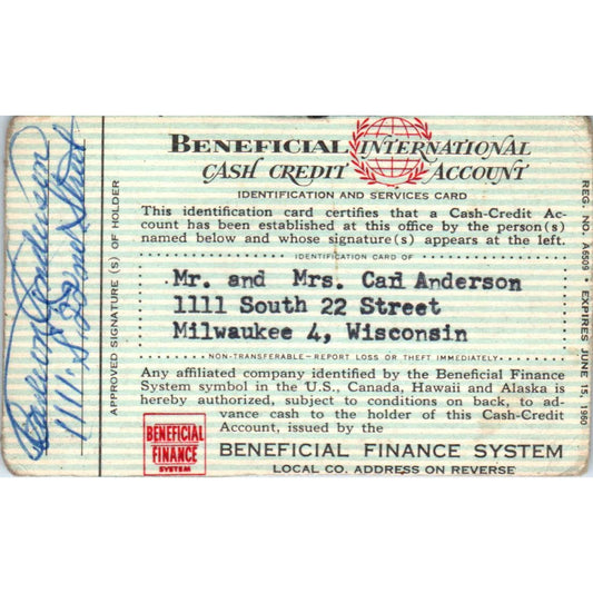 1959 Beneficial Finance System Cash Credit Account Card Milwaukee Obsolete SE5