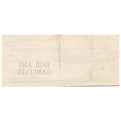 1911 First National Bank of Fort Wayne Indiana Bank Check AD8-2