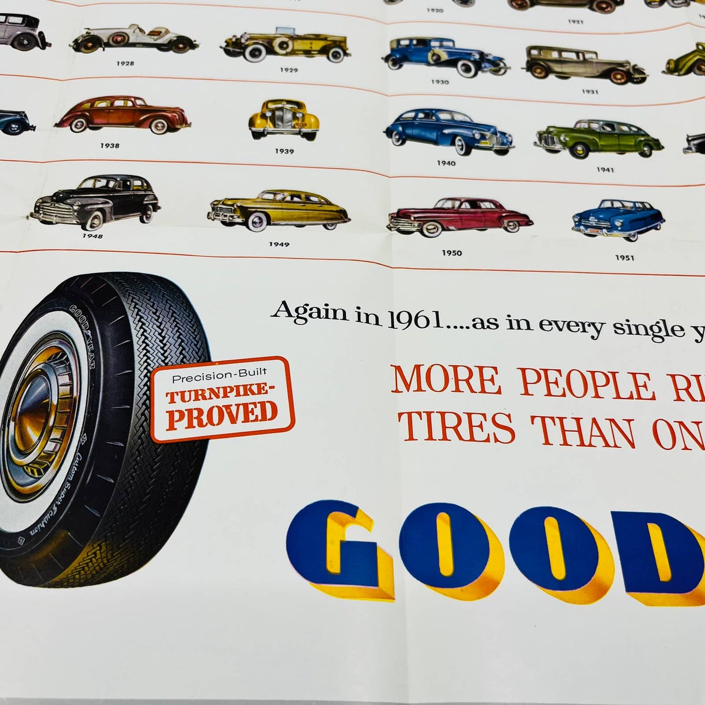 1961 Goodyear Tires Advertising Poster Classic Cars 17 x 27” C7