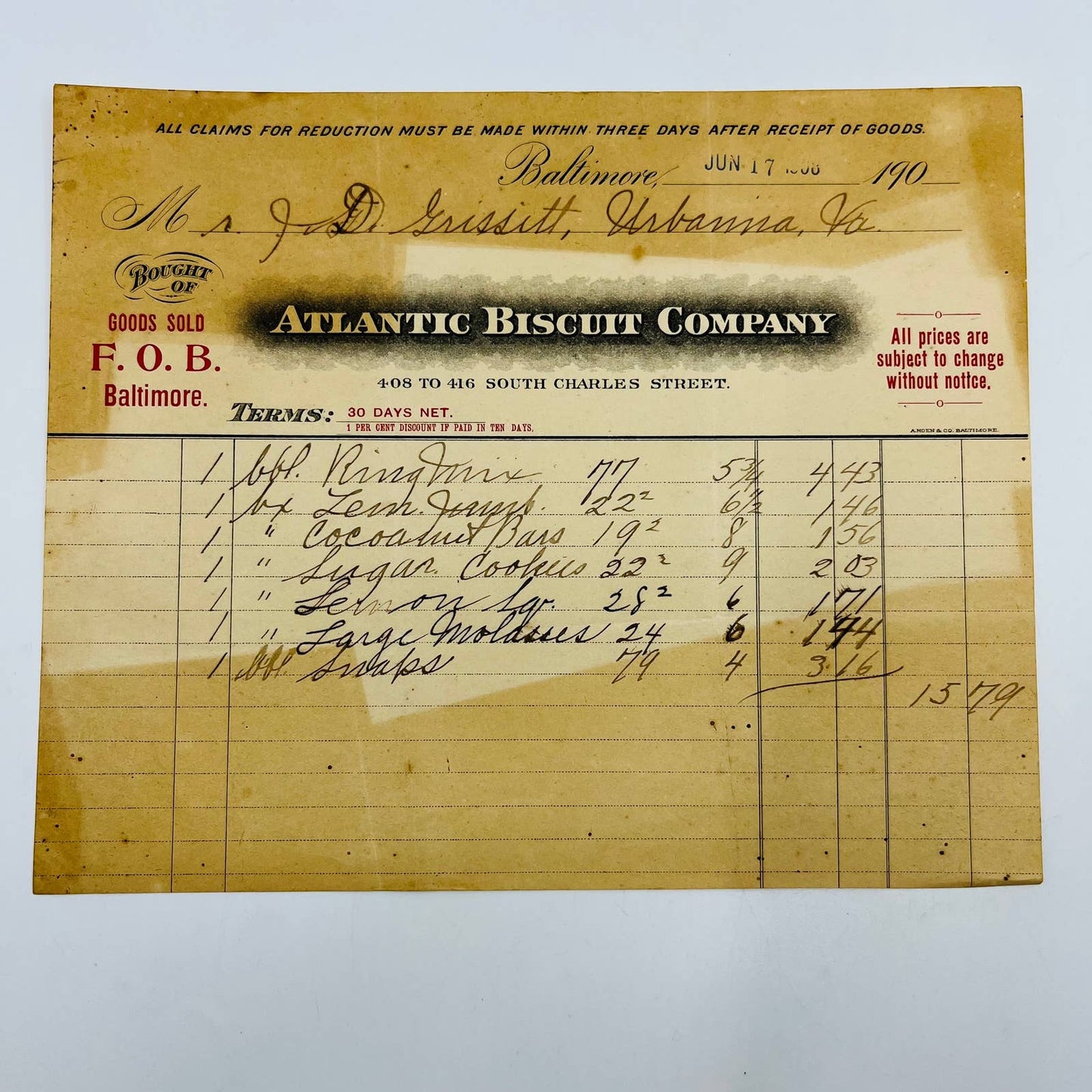 1908 Atlantic Biscuit Company Baltimore MD Billhead Letterhead Receipt AA4