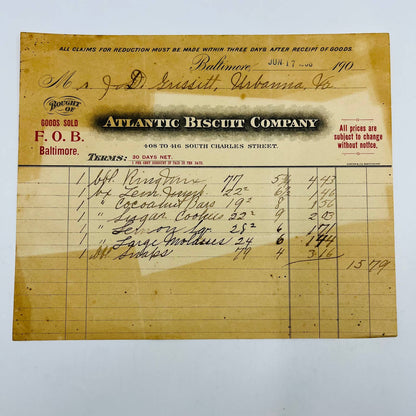 1908 Atlantic Biscuit Company Baltimore MD Billhead Letterhead Receipt AA4