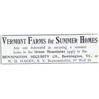 Vermont Farms for Summer Homes Green Mountains W.H. Hagen - 1903 Ad TJ7-S