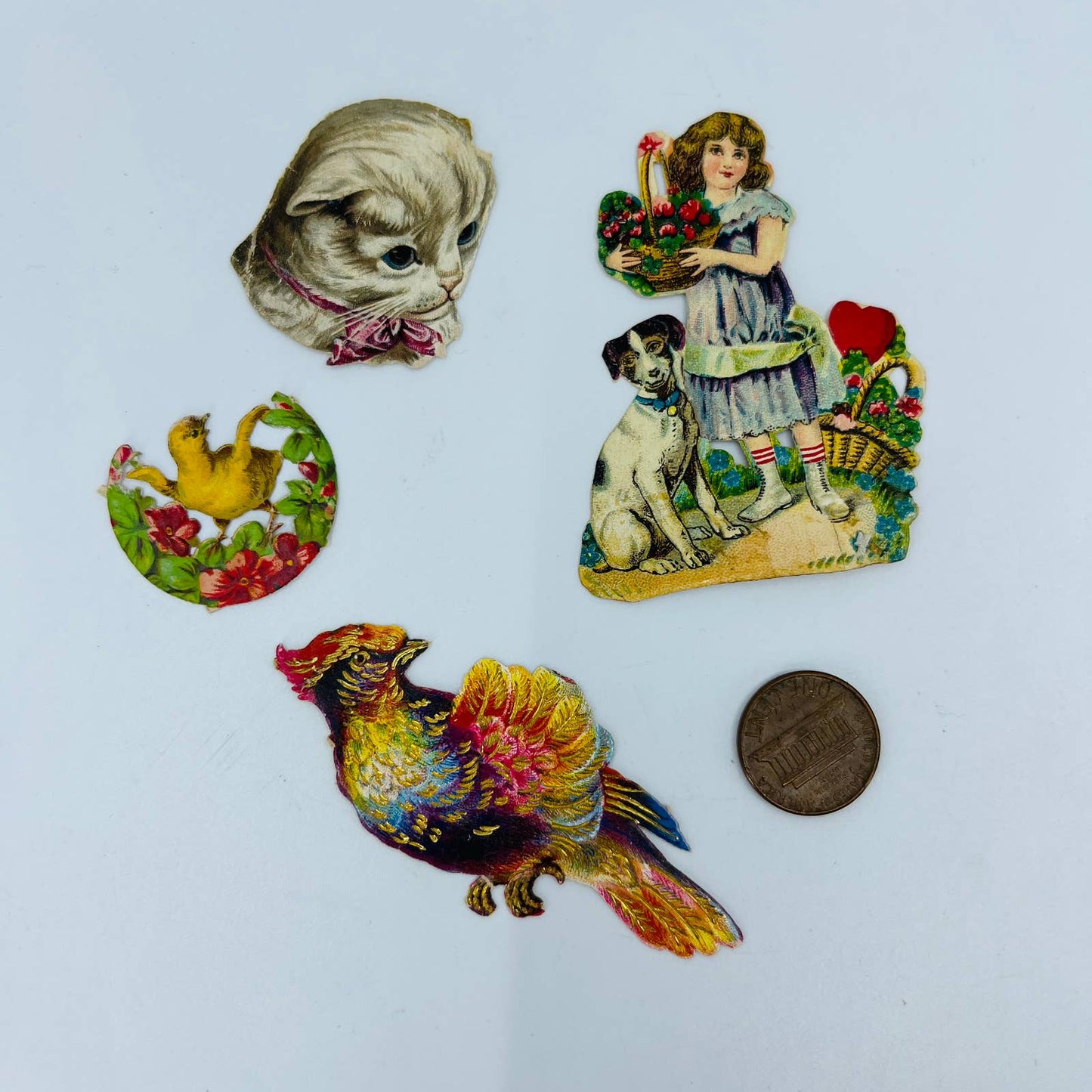 1880s Victorian Die Cut Scrap Lot of 4 Animal Floral Duck Bird Cat Dog 1-3” EA2