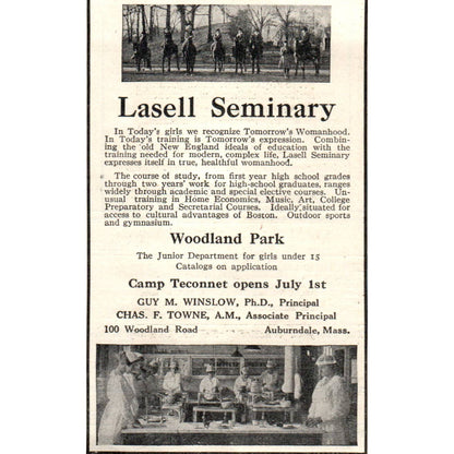 c1920 Harper's Ad - Lasell Seminary Camp Teconnet Guy Winslow Auburndale EA3-4