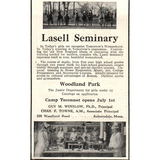 c1920 Harper's Ad - Lasell Seminary Camp Teconnet Guy Winslow Auburndale EA3-4