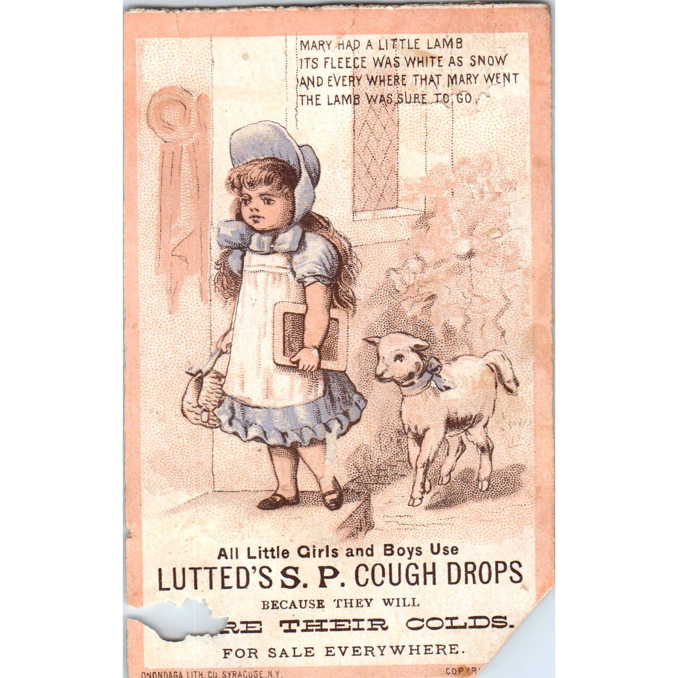 1880s Victorian Trade Card Luted's S.P. Cough Drops Mary Had a Little Lamb SF2