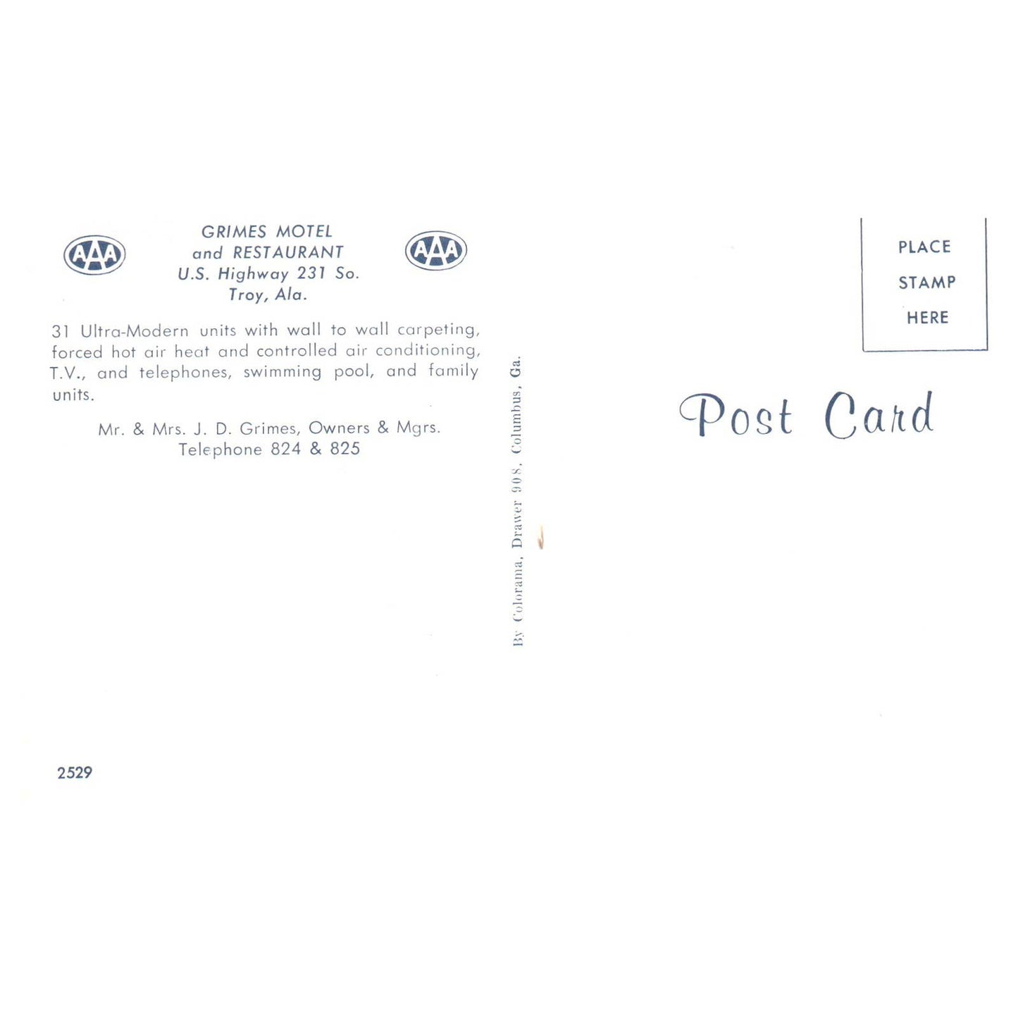 Grimes Motel and Restaurant Troy Alabama J.D. Grimes AAA - Postcard TJ8-1