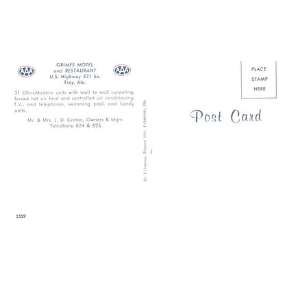 Grimes Motel and Restaurant Troy Alabama J.D. Grimes AAA - Postcard TJ8-1