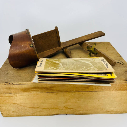 1870s Solid Wood STEREOSCOPE VIEWER Optical 3D Viewer w/ Stack of Cards & Box