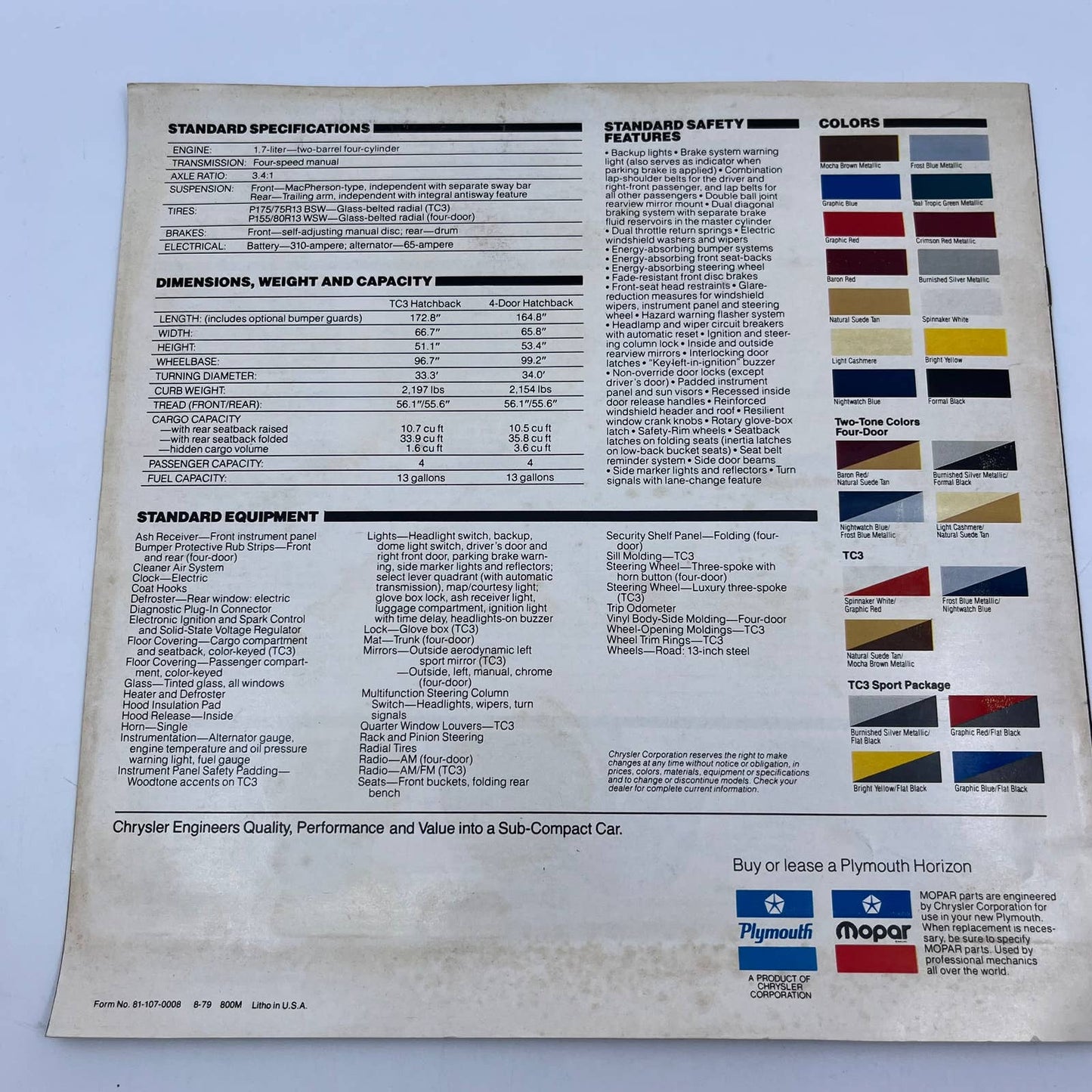 1980 Plymouth Horizon Original Dealer New Car Showroom Brochure TH8