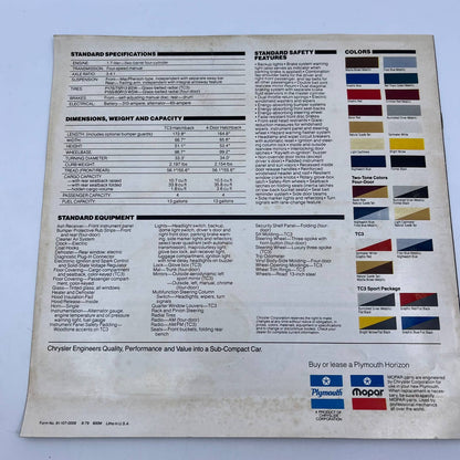 1980 Plymouth Horizon Original Dealer New Car Showroom Brochure TH8