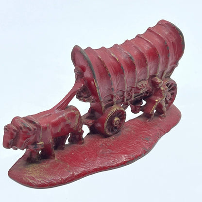 Vtg Red Cast Iron Bookend 1981 Champion Hardware Co Ox Drawn Covered Wagon TC8