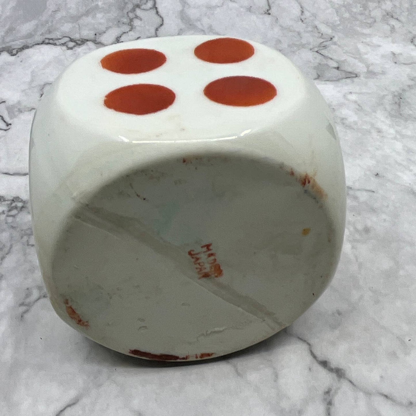 Vintage Ceramic White and Orange Dice Ashtray 3" Japan TI7